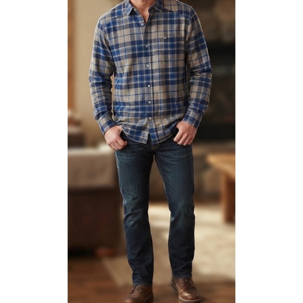 Under Armour Plaid Button Down Shirt Blue Tan Fitted Men's XL
